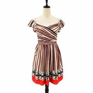 Anna Sui Target Bold Stripe 100% Silk Off the Shoulder Ruched Mini Party Dress